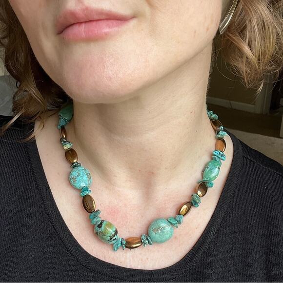 Vintage 925 Sterling Silver Chunky Genuine Turquoise and Bronze Bead Necklace C3 - Picture 2 of 11